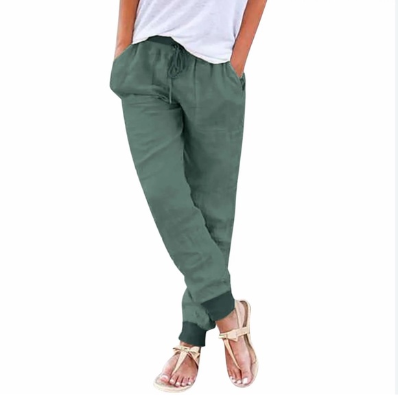 Green Cotton Linen Drawstring Pants - Picture 1 of 6